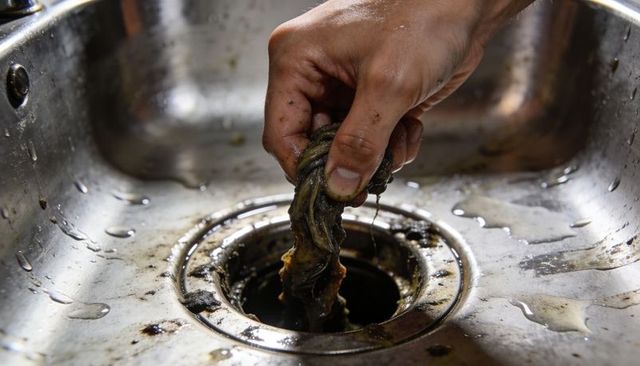 Hand removing greasy hair clog from stainless steel kitchen sink drain, close-up