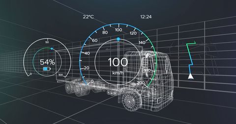 Futuristic 3D Car Model with Eco and Data Processing Icons