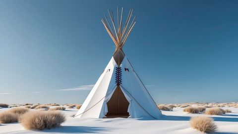 White canvas native american teepee in desert landscape with clear blue sky