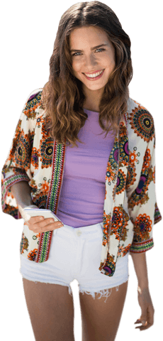 Smiling woman using mobile phone in casual outfit transparent background