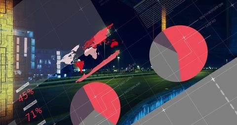 Futuristic Night Traffic Data Visualization with Pie Charts and World Map