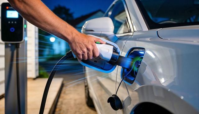 Charging electric sedan at home driveway during dusk with wallbox charger
