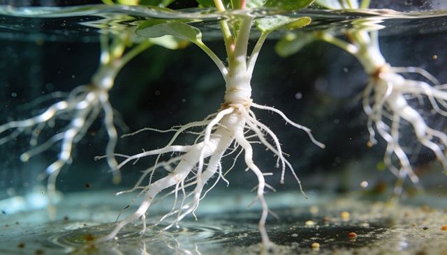 Hydroponic cutting growing thin white roots in water close-up for propagation