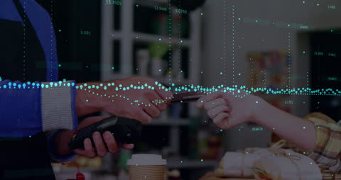 Digital Payment Transaction Overlay with Data Graphics in Cafe