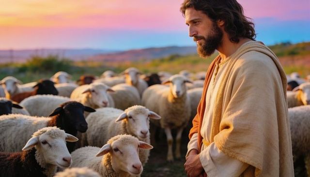 Bearded shepherd tending flock at sunset in pastoral countryside landscape