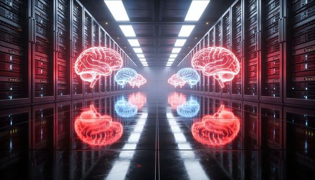 Floating neon brain holograms reflecting on glossy floor in futuristic server corridor