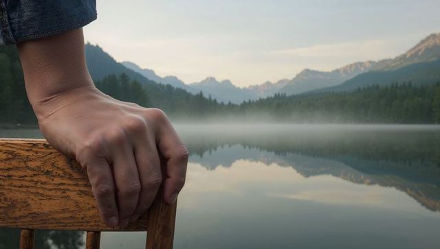Left hand gripping worn wooden railing beside misty mountain lake at dawn with reflections
