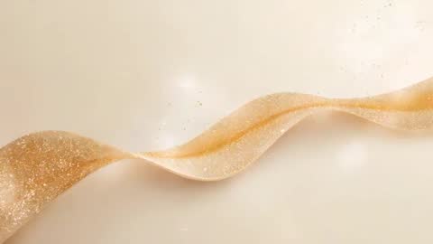 Golden ribbon wave drifting across soft beige background with shimmering glitter sparkle