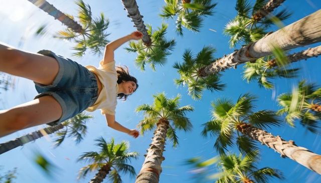 Leaping woman reaching up through palm trees under bright blue sky, tropical summer motion