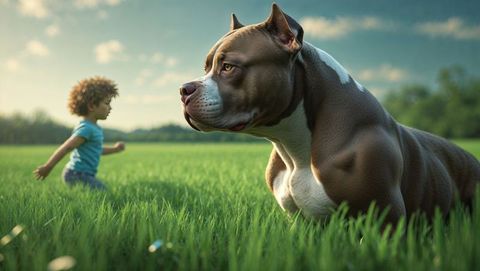 Child playing near loyal pitbull dog in sunny field