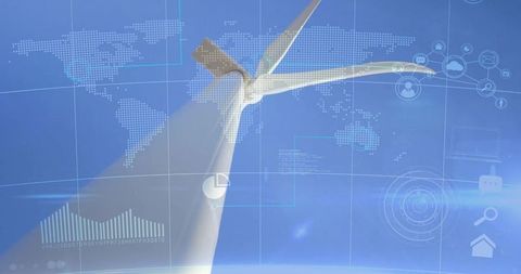 Futuristic wind turbine with digital technology overlay