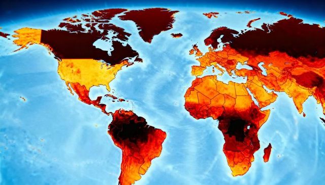 Global thermal map visualizing earth temperature distribution on atlantic projection