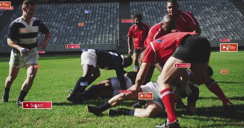 Rugby action with overlaid player icons in intense stadium match