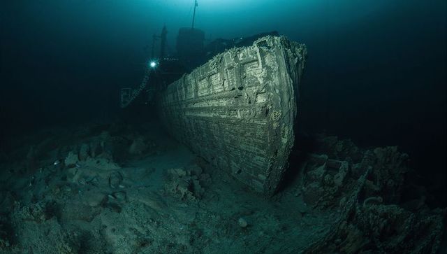 Sunken ship bow resting on deep seafloor with diver light and corroded hull
