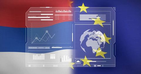 Serbian and EU Flags With Digital Data and Globe Overlay - Download Free Stock Images Pikwizard.com