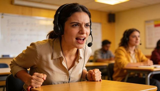 Shouting female student leaning over desk during intense language lab headset practice
