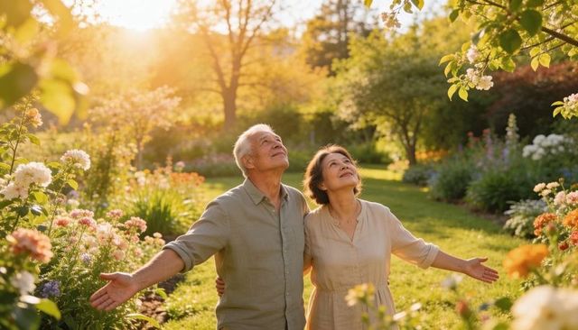 Elderly asian couple embracing golden hour among blooming roses in sunlit garden