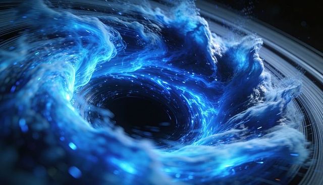 Spiraling Luminous Blue Vortex Pulling Glowing Plasma Toward Central Dark Void with Ring