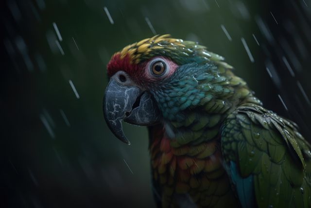 Parrot with vivid plumage under raindrops offers stunning depiction of tropical wildlife. Ideal for nature blogs, wildlife photography portfolios, educational materials about birds, or eco-friendly campaigns. Provides a feeling of serene beauty and vibrant tropical life.
