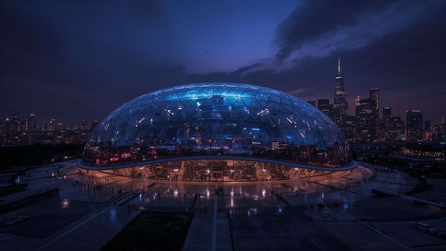 Futuristic geodesic dome illuminated at night in urban skyline