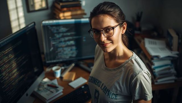 Female developer reviewing code at home with dual monitors, glasses and coffee, focused