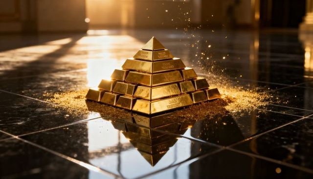 Glittering pyramid of gold bars reflecting on polished black tile with gold dust