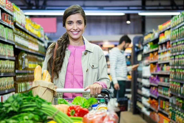 Portrait of smiling woman with vegetables in shopping trolley at supermarket