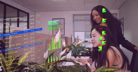 Colleagues Analyzing Financial Data with Virtual Charts Onscreen