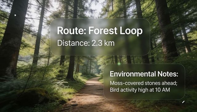 Forest loop trail with ar route panel and environmental notes overlaid on woodland path