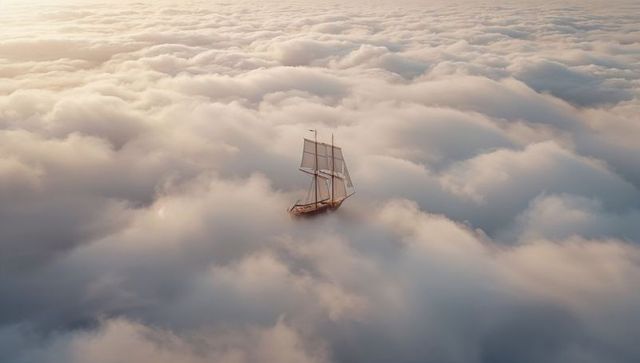 Sailing Ship Amid Cloud Sea at Sunrise in Dreamlike Scene