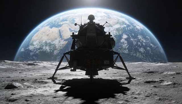 Lunar lander standing against Earthrise on moon surface with detailed regolith and shadow