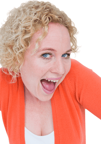 Transparent Joyful Woman with Curly Blonde Hair Smiling