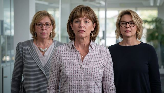 Three professional women standing confidently in office leading teamwork and strategy