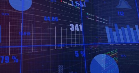 Animating multiscreen data dashboard visualizing financial metrics, charts, and trends