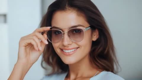 Smiling model adjusting sunglasses while camera pulling back, stylish eyewear close-up video