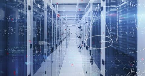 Modern data center aisle with digital overlays and server cabinets