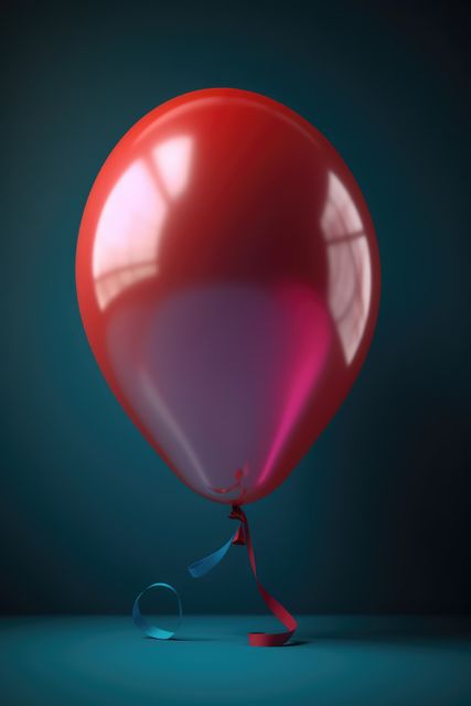 Shiny red party balloon against blue background, created using generative ai technology. Celebration and party time, digitally generated image.