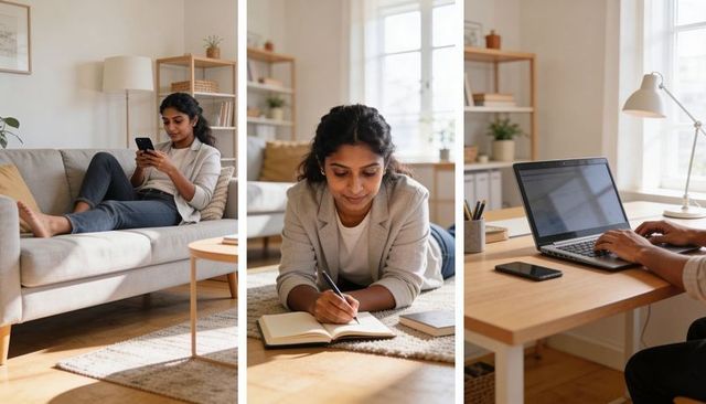Home multitasking: woman scrolling phone, writing notes, typing on laptop for remote work