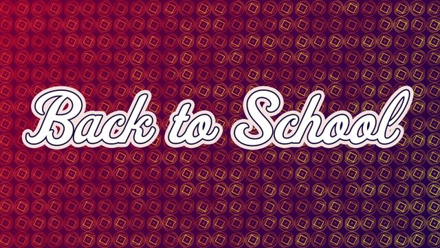 Neon 'Back to School' text overlaying geometric shapes on purple background. Suitable for educational announcements, school advertisements, social media posts, website banners, or digital marketing involving back-to-school promotions.