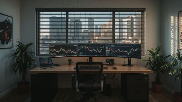 Modern Home Office with Triple Monitor Setup and City View