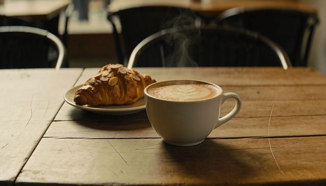 Steaming latte with almond croissant on rustic wooden café table, morning coffee break