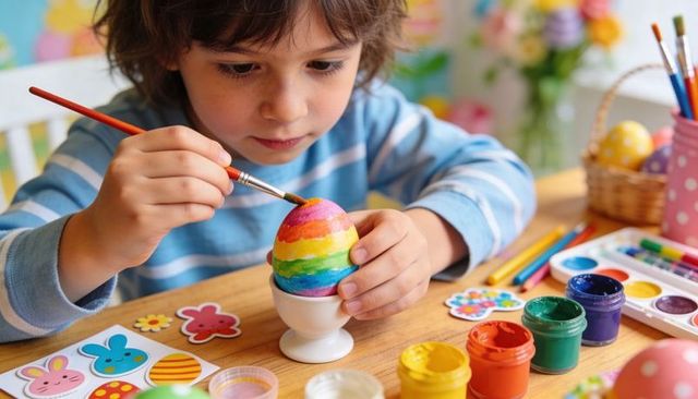 Child painting rainbow easter egg at craft table with colorful paints