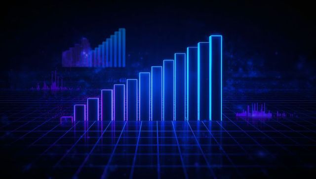 Futuristic neon bar chart on 3d digital grid