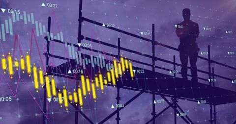 Architect on Scaffolding Overlaid with Financial Data Charts
