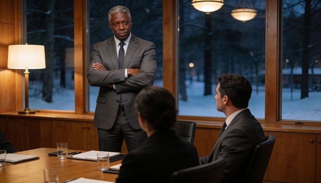 Senior executive standing with arms crossed leading evening boardroom meeting