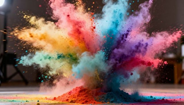 Exploding Rainbow Pigment Burst Releasing Vibrant Powder Clouds in High-Speed Motion
