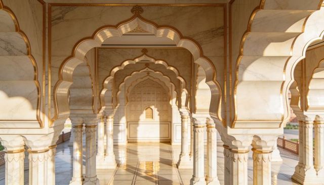 Sunlit marble arcade with scalloped arches and gilded columns reflecting polished floor