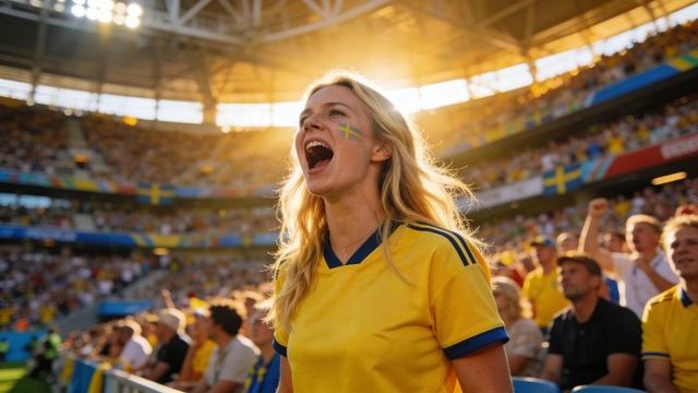Swedish supporter cheering in sunlit stadium wearing yellow jersey and flag face paint