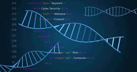 Abstract DNA Helix with HTML Code: Insights into Biotech and Cybersecurity