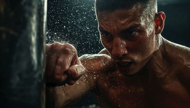 Focused boxer striking heavy bag with intensity, showcasing power and determination. Water droplets enhance action and athleticism, ideal for fitness motivation, sportswear advertisements, or inspiring athletic training themes in blogs and fitness magazines.